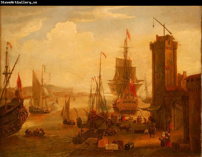 Jacob Knyff English and dutch ships taking on stores at a port